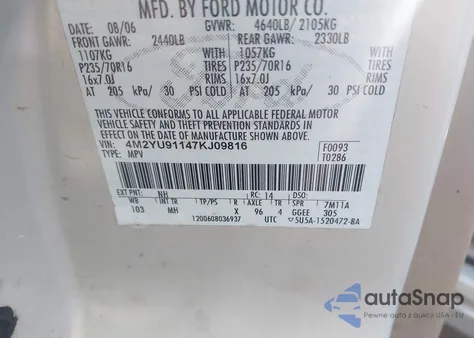 2007 Mercury Mariner Luxury from USA, damaged, VIN 4M2YU91147KJ09816